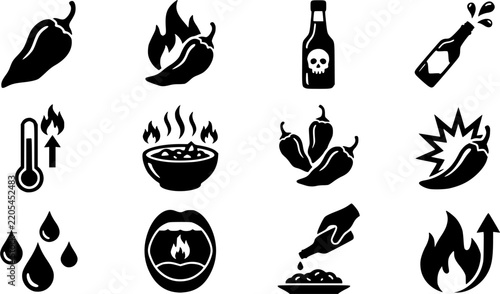 Ghost Pepper & Scoville Icon Silhouette Icon Set. Collection of food & culinary silhouettes, including ghost pepper & scoville icon, detailed spicy food and hot sauce shapes, and more.