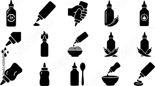 Sriracha Bottle & Squeeze Silhouette Icon Set. Collection of food & culinary silhouettes, including sriracha bottle & squeeze, detailed spicy food and hot sauce shapes, and more.