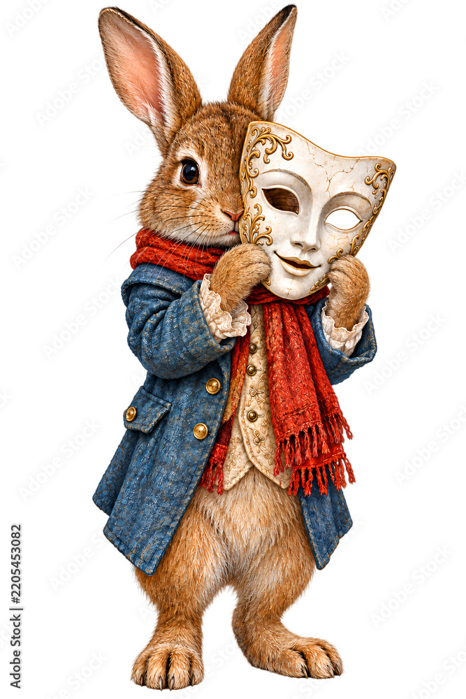 Obraz premium Elegant rabbit wearing vintage costume and holding intricate masquerade mask on transparent background