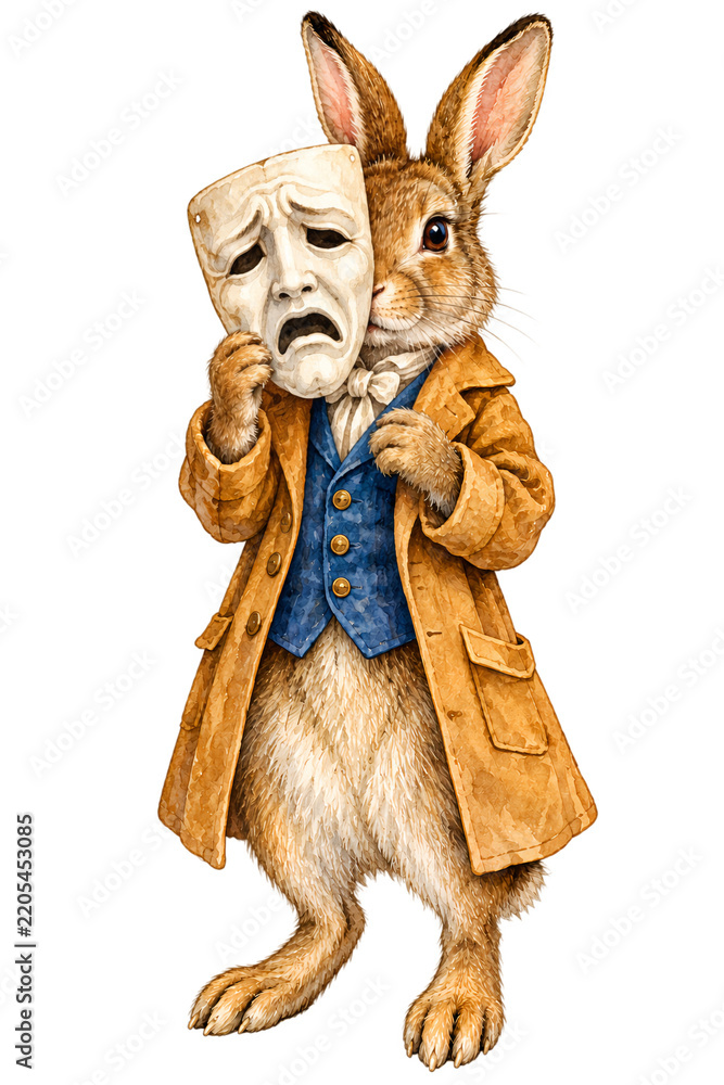 Obraz premium Dressed rabbit holding sad theatrical comedy mask watercolor painting isolated on transparent background
