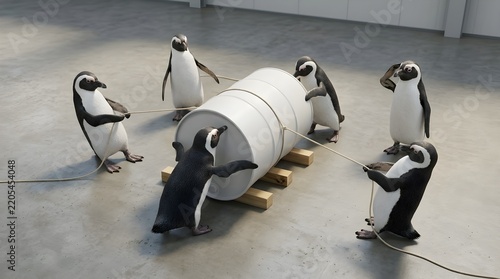 Penguins Team Up to Move a Heavy Industrial Drum