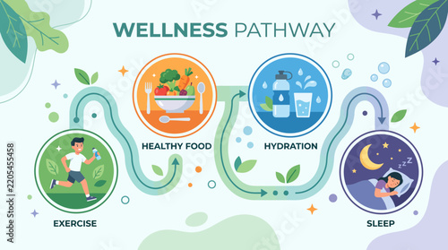 Wellness pathway infographic showing healthy habits for daily life