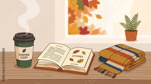 Cozy autumn still life with coffee book and warm scarf on table