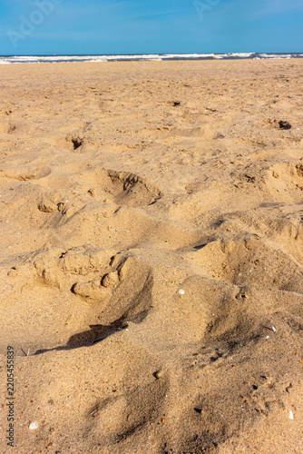 Low angle shot showing the uneven sand on Mablethorpe beach in Lincolnshire, UK