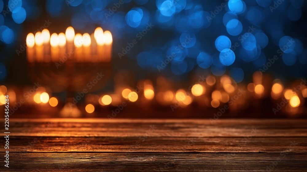 Fototapeta premium The wooden table surface is empty in the foreground, with a blurred Hanukkah menorah glowing softly against a background of blue and gold lights.