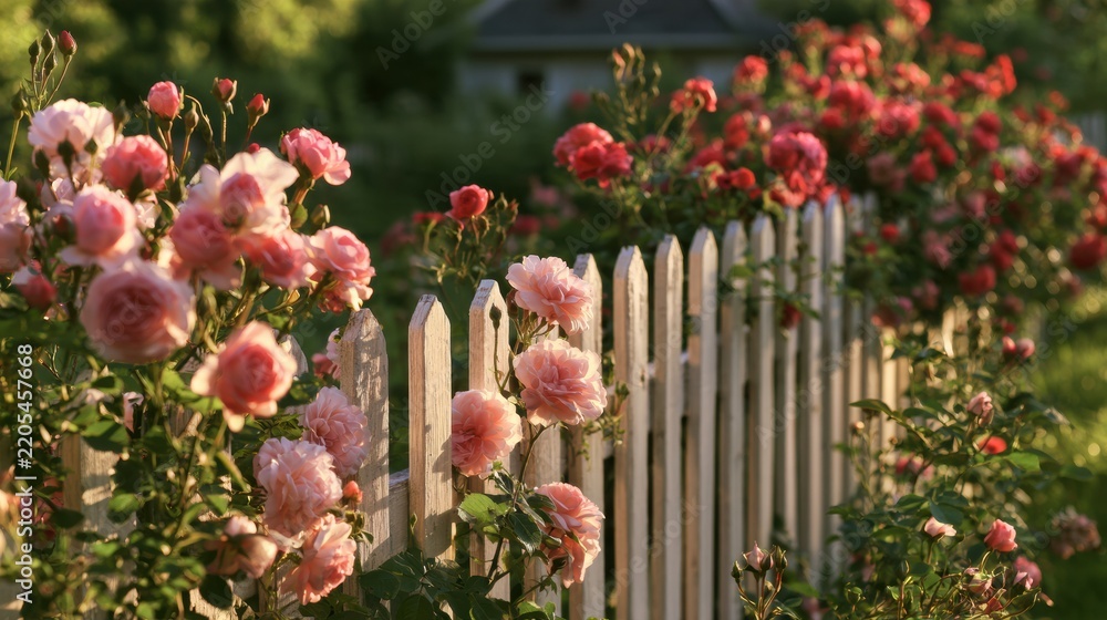 Naklejka premium Climbing roses cover the garden fence with pink and red blooms on a warm summer afternoon in a vibrant garden setting.