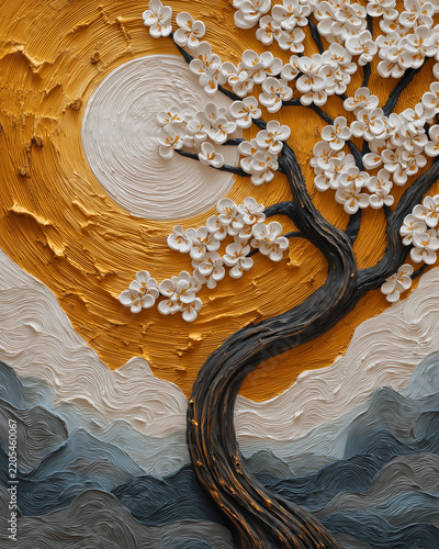 3D high relief texture sculpture artwork of blooming cherry blossom tree with white flowers against mustard yellow sun and textured mountain waves