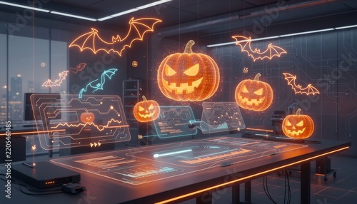 Halloween themed office with glowing pumpkins and bats.