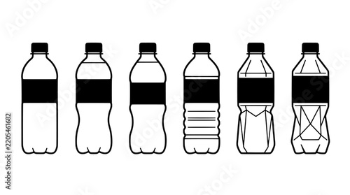 Set of six vector black and white water bottle icons, different plastic container shapes and designs isolated on white background