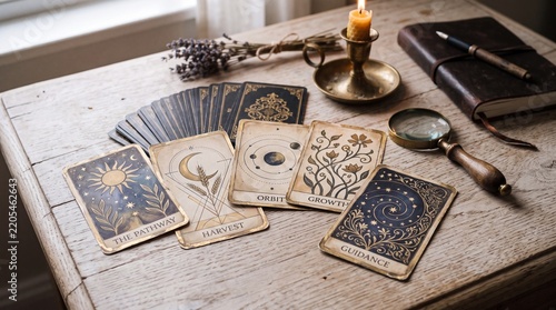 Fotografie Illustrated oracle cards with symbolic drawings laid out on a rustic wooden tabl