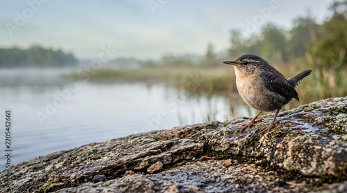 A small wren stands on a weathered textured rock beside a calm misty lake shore with mossy rock overlooking small brown close up environment wilderness