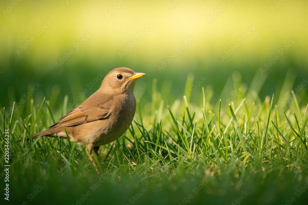 Fototapeta premium Small brown bird stands in green grass looking right. Wild animal in natural habitat. Feathered creature with yellow beak. Spring nature scene. Wildlife photography. Green lawn background. Avian