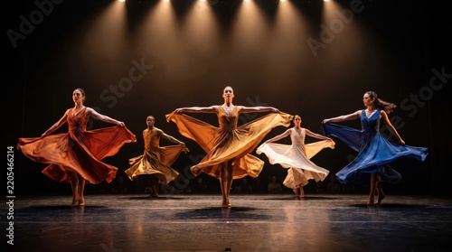 Group of dancers performing on stage under spotlights. Dynamic and expressive movement for themes of art, culture, performance, and entertainment.