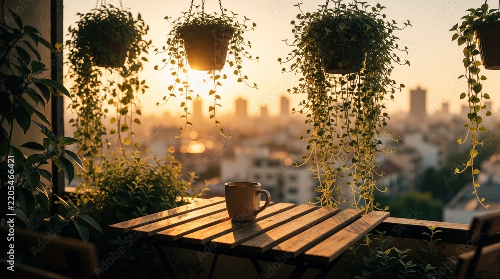 Fototapeta premium Golden hour sun streams onto a wooden balcony table holding a coffee cup. Potted plants hang down around the seating area with city skyline visible in distance.