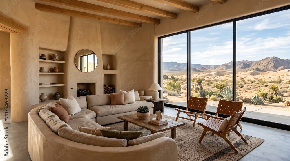 Obraz premium Modern desert living room interior featuring a large curved sofa, wooden ceiling beams, and floor-to-ceiling windows overlooking a dry arid landscape with sand dunes and mountains.