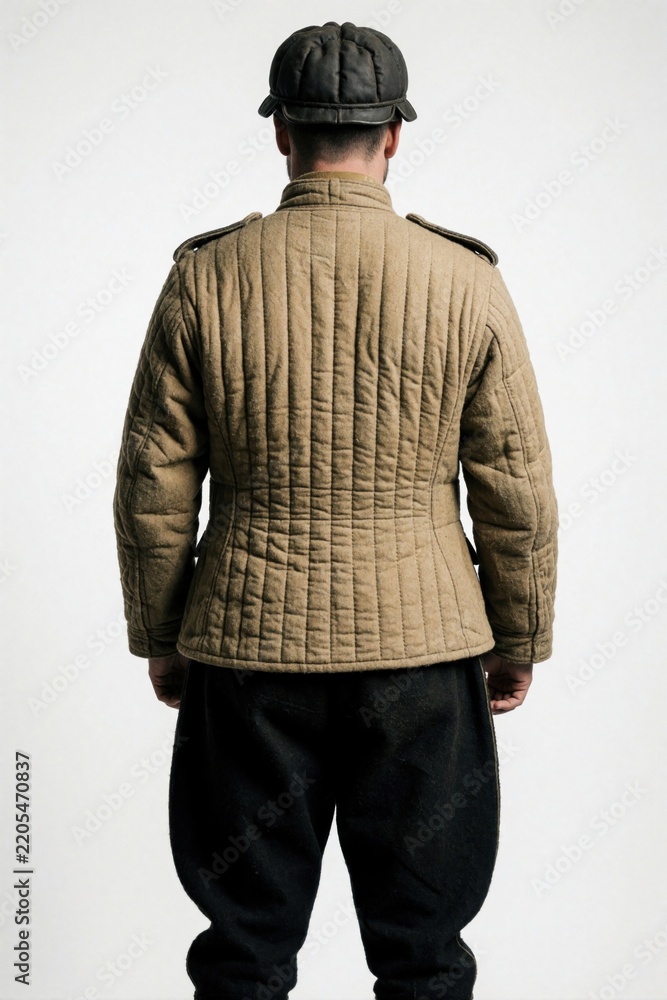 Obraz premium Rear view of man in World War II Russian tank crew uniform. Beige quilted jacket, black pants, dark cap. Historic military style portrait for archival, reenactment themes. posed against plain white