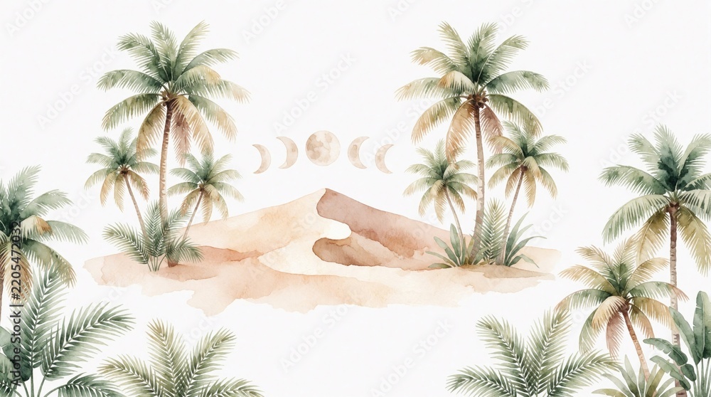 Fototapeta premium Watercolor illustration features tropical palm trees and rich foliage against sandy dunes backdrop. Desert jungle scene suggests exotic paradise setting.