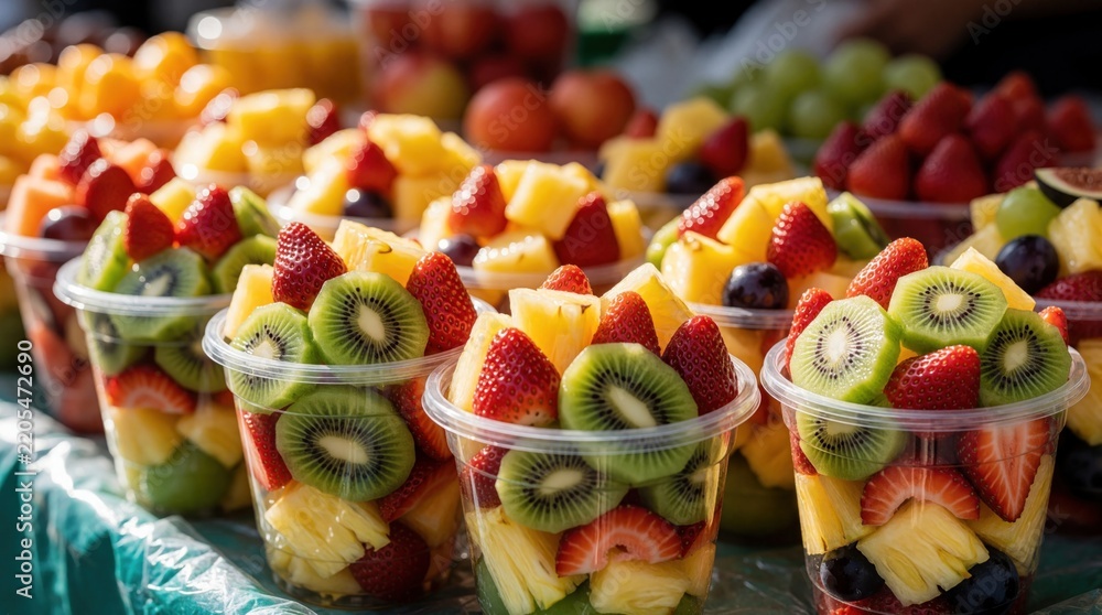 Fototapeta premium Fresh fruit salad in plastic cups at outdoor market. Chopped strawberries, kiwi, melon, pineapple pieces arranged in take away containers. Healthy snack options for customers. Colorful tropical fruit