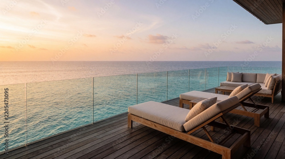 Obraz premium Wooden deck balcony overlooks calm ocean water at sunset time. Modern lounge chairs and sofa offer comfortable place for relaxing vacation moments.