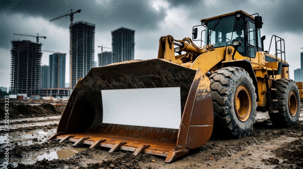 Fototapeta premium Yellow heavy duty wheel loader with blank white sign on rusty shovel bucket. Large construction machinery parked at muddy building site. Tall skyscrapers, cranes under cloudy sky in background.