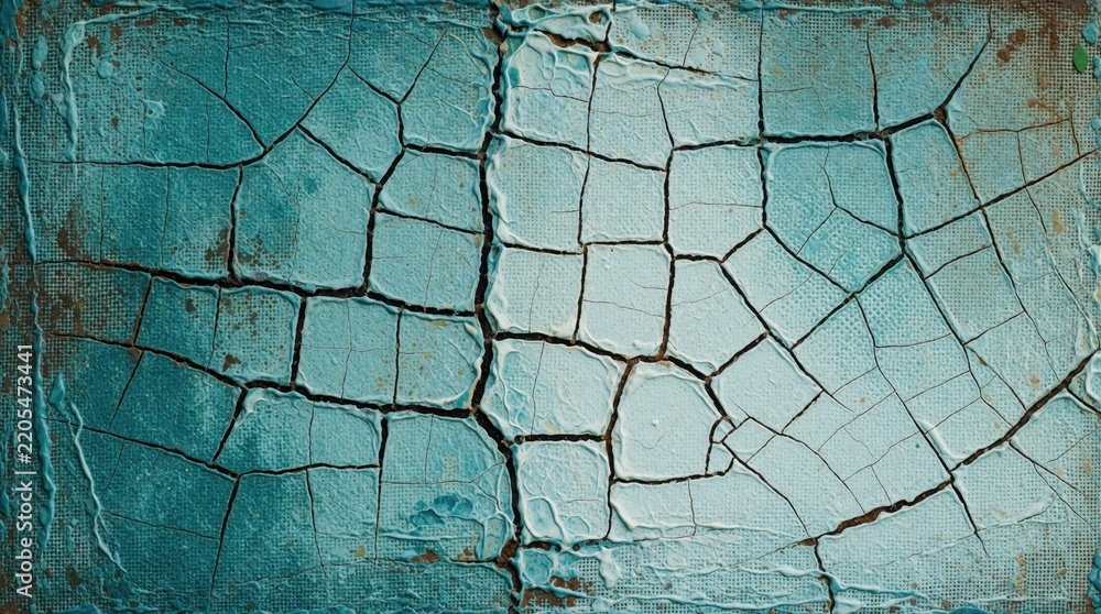 Obraz premium Teal, light blue abstract painting with dark craquelure lines on canvas. Aged textured background featuring weathered paint cracks, beige brown tones. Modern expressionist artwork suitable for