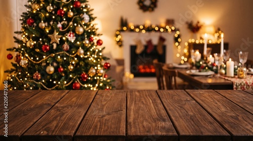 Empty wooden table with christmas theme in background