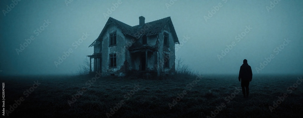 Fototapeta premium A lone figure stands in a grassy field facing an old derelict house. Thick fog surrounds the structure creating an atmospheric and mysterious scene.
