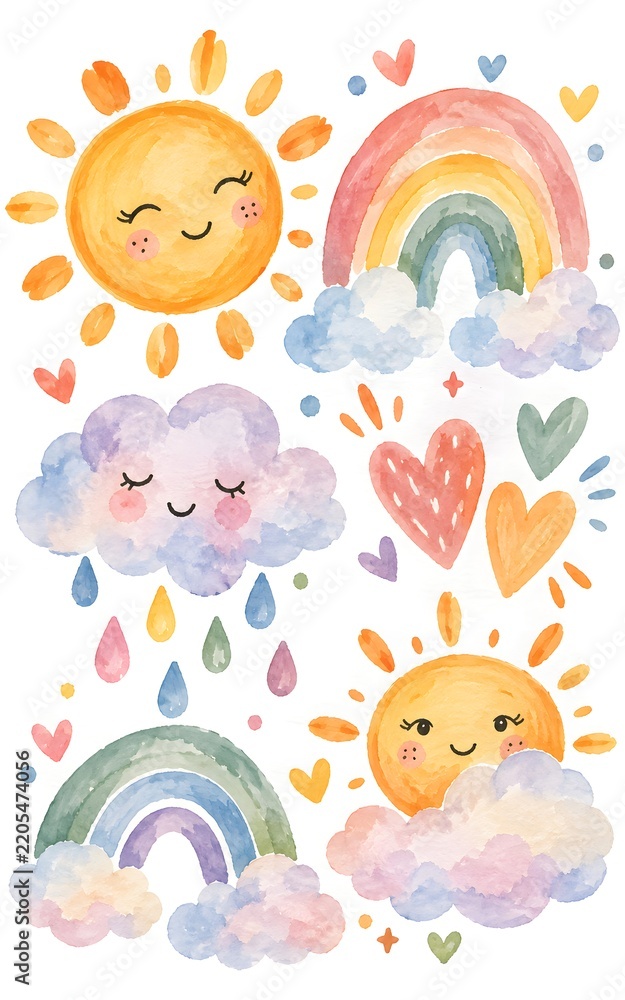 Obraz premium Whimsical watercolor illustration of a smiling cloud with a rainbow, raindrops and warm sunlight.
