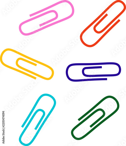 Set of colorful metal paper clips isolated on a white background, vector clip art illustration for school and office supplies collection