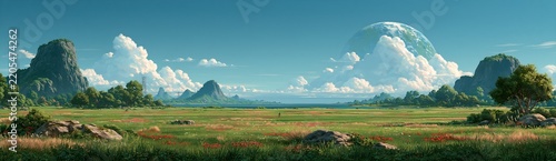 Vast green field stretches under bright blue sky.