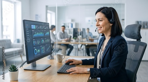 Professional female call center agent working on data in modern office