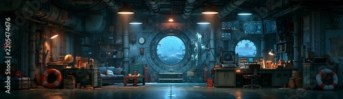 Dark, cluttered lab with large circular window.