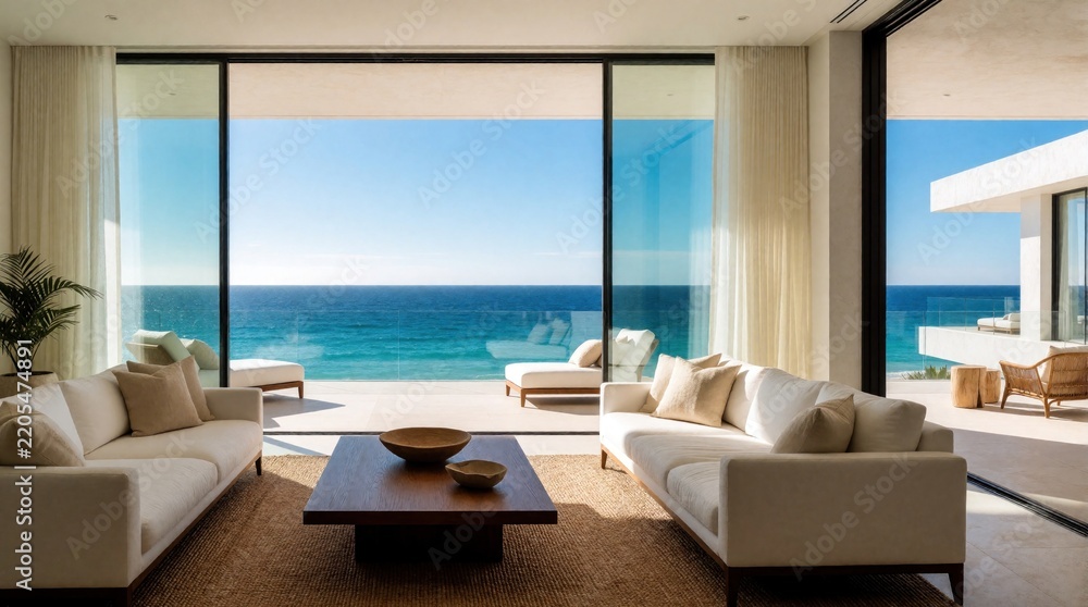 Obraz premium Modern luxury living room with large sliding glass doors opening to ocean view. White sofas, wooden coffee table sit on jute rug. Comfortable lounge chairs on balcony face blue sea under sunny sky.