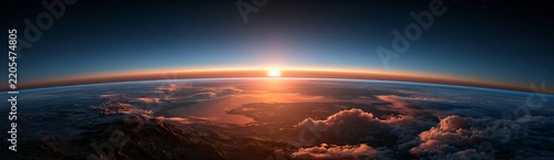 Sun rises over Earth's curved horizon, casting golden glow.