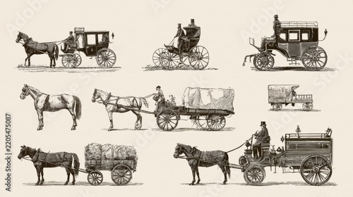 Engravings depict various horse drawn vehicles including carriages, wagons, and a fire engine in a Victorian setting.
