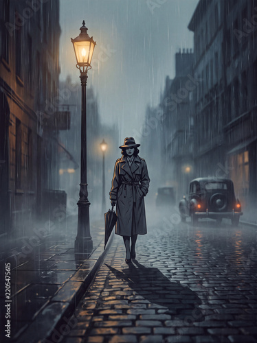 Noir Woman with an Umbrella on a Rainy Cobblestone Street