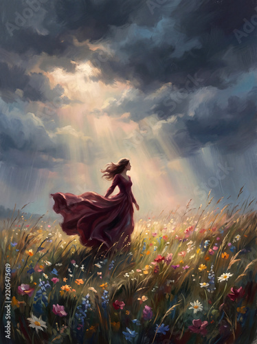Woman in a Flowing Burgundy Dress Beneath Dramatic Clouds in a Wildflower Meadow