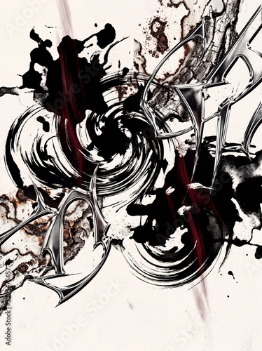 Abstract Black and Red Ink Swirls with Spiky Silver Chrome Shapes
