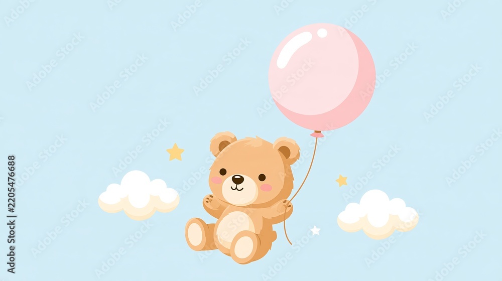 Fototapeta premium Adorable teddy bear floating with a pastel balloon in a dreamy nursery setting with clouds and stars nearby Generative AI