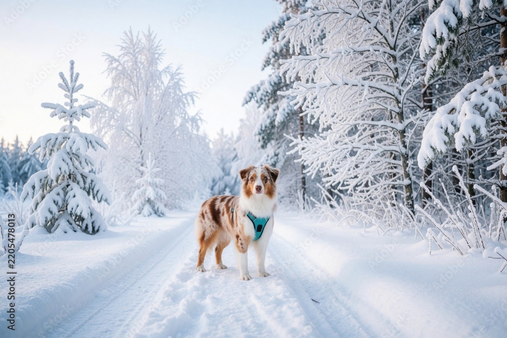 Fototapeta premium Red merle miniature american shepherd dog stands on snowy winter track in frozen forest. Cute pet wearing teal harness looks at camera in cold nature. Winter outdoor adventure with snow covered pine