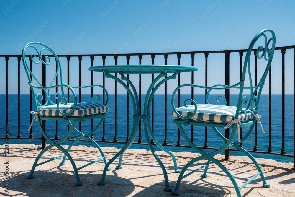 Obraz premium Turquoise wrought iron bistro table with two chairs, striped cushions on stone terrace by blue sea. Mediterranean vacation cafe patio with black railing, ocean view, sunny summer day at Greece resort