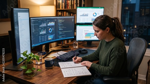 Focused Data Analyst at Home: A woman intensely analyzes data on multiple computer screens, taking notes in a notebook. Her home office is set up with technology for efficient work.