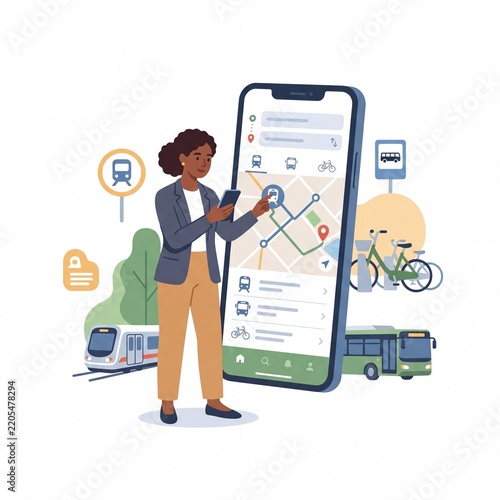 Professional woman using a public transportation navigation app on a large smartphone with transit icons