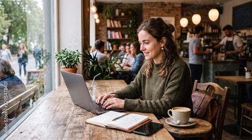 Cozy Coffee Shop Workspace: A young woman works on her laptop in a warm, inviting coffee shop, surrounded by books and the gentle hum of conversation, enjoying a peaceful morning with her coffee.