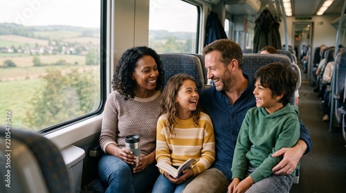 Happy family on train journey: A joyful family of four, including parents and two children, enjoys a scenic train ride, sharing laughter and bonding as they gaze out at the passing countryside.