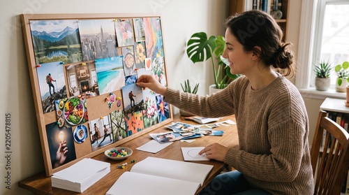 Vision Board Creation: A young woman thoughtfully curates her dream board, arranging inspiring images on a corkboard to visualize her aspirations and goals.