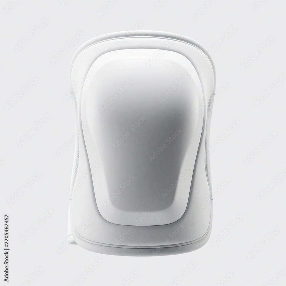 Obraz premium Close up of white protective knee pad isolated on plain light background. Minimalist sports gear for athlete safety. Useful equipment for running, cycling, skating hiking. Pro studio shot shows