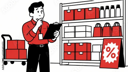 A warehouse worker holding a clipboard is reviewing inventory on shelves stocked with boxes and products. A discount sign is visible, suggesting a sale or promotion.