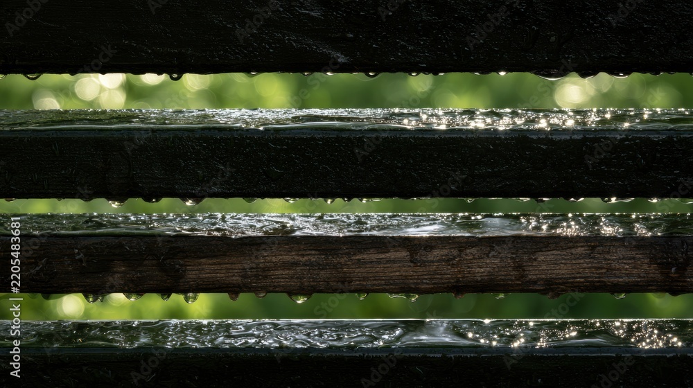 Fototapeta premium Water droplets rest on horizontal wooden boards of a garden fence. The garden glistens in soft light after recent rain.