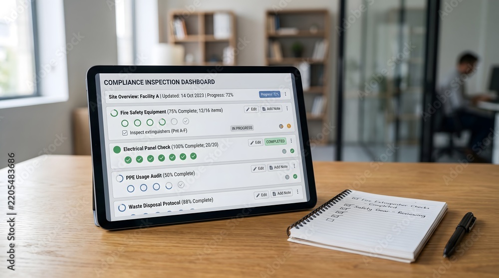 Obraz premium Digital tablet displaying compliance inspection dashboard on wooden desk
